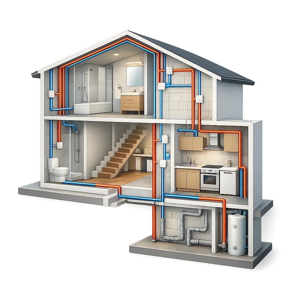 Illustration : maison en coupe montrant la distribution d'eau froide et chaude et les évacuations