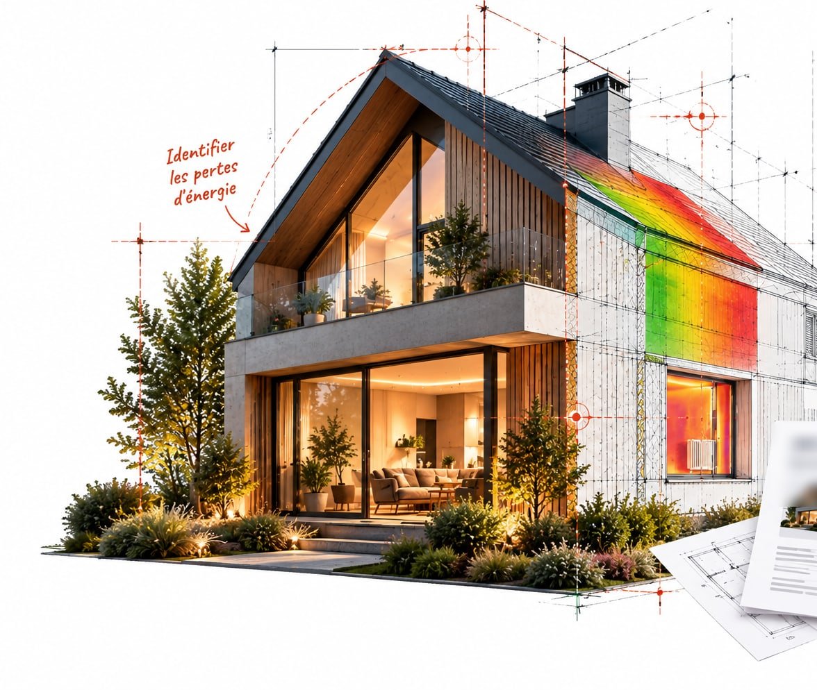 Illustration : une maison moderne, mi-photo mi-plan, avec une thermographie de la façade
