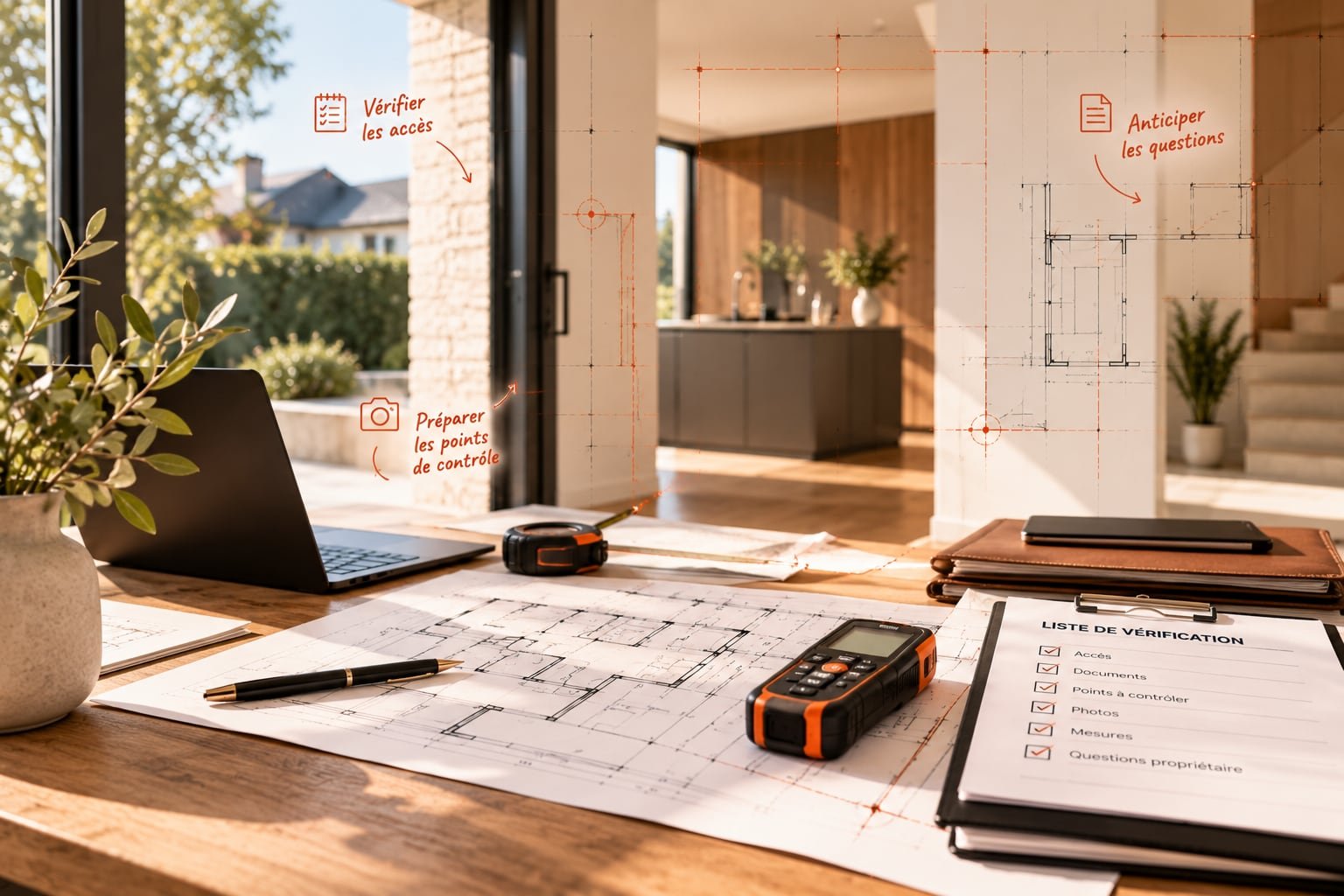 Illustration : plans, mètre laser et liste de vérification posés sur une table, avant une visite