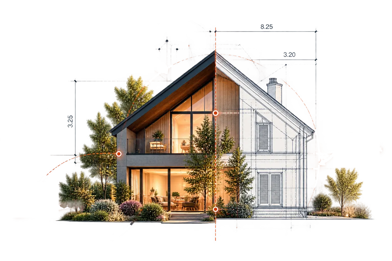 Illustration : une maison dont la moitié gauche est photographiée et la moitié droite dessinée comme un plan d'architecte.